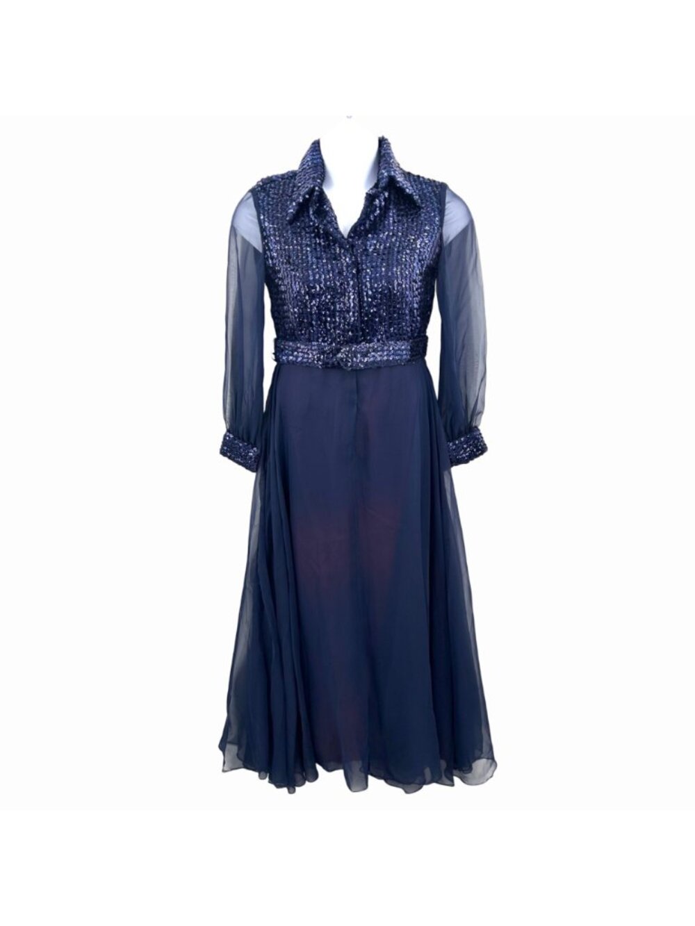 VINTAGE RONA NEW YORK BLUE SEQUIN CHIFFON FORMAL HOLIDAY DRESS - 14 - Picture 3 of 9